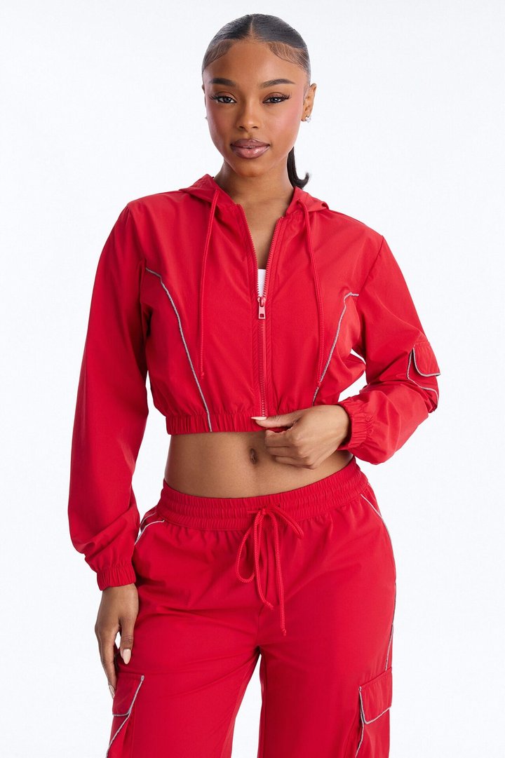 Nessa Nylon Cargo Hoodie Jogger Set - Red
