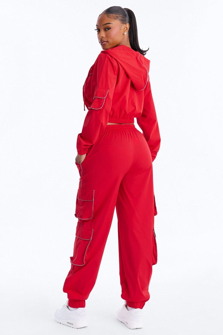 Nessa Nylon Cargo Hoodie Jogger Set - Red