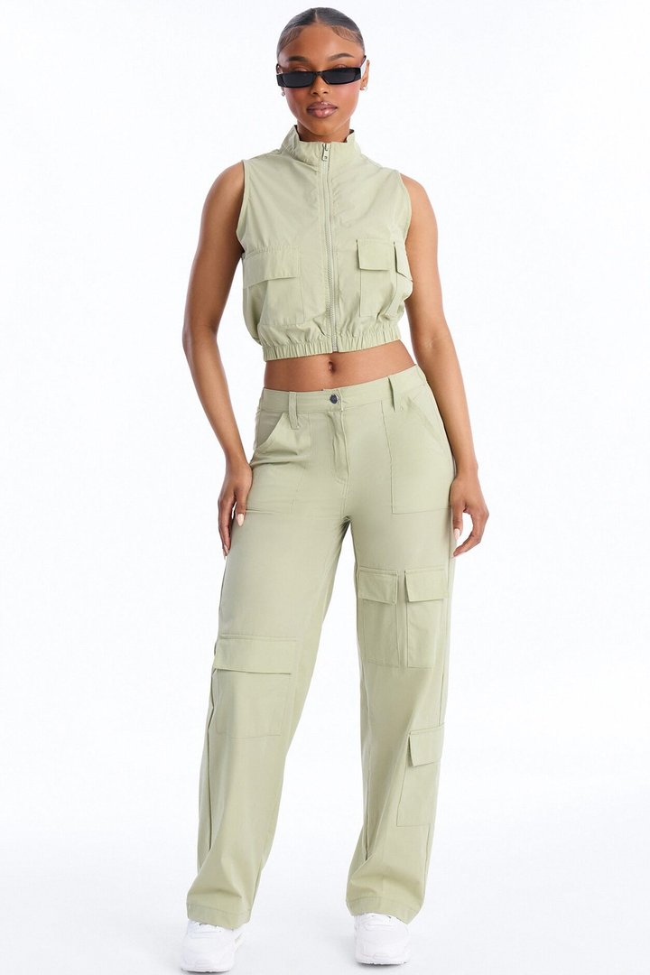 Nessa Nylon Cargo Sleeveless Vest Pant Set - Sage