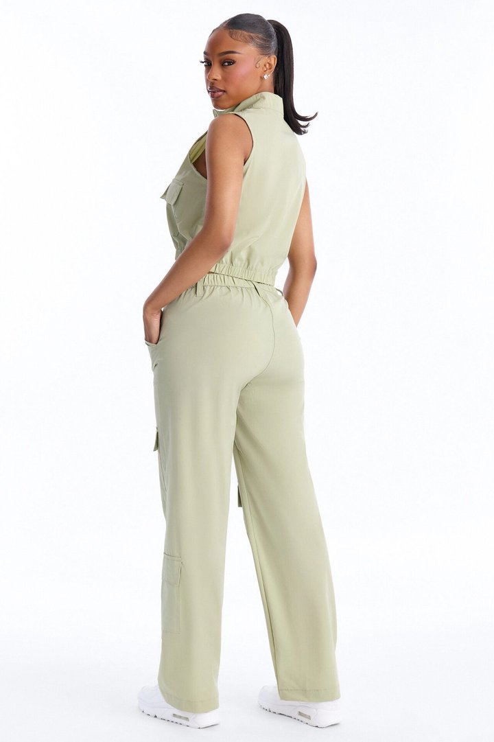 Nessa Nylon Cargo Sleeveless Vest Pant Set - Sage
