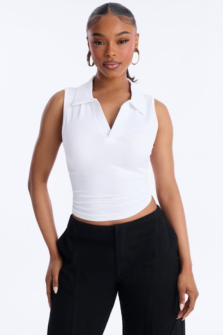 Lyra Seamless Rib Basic Sleeveless Collared Top - White