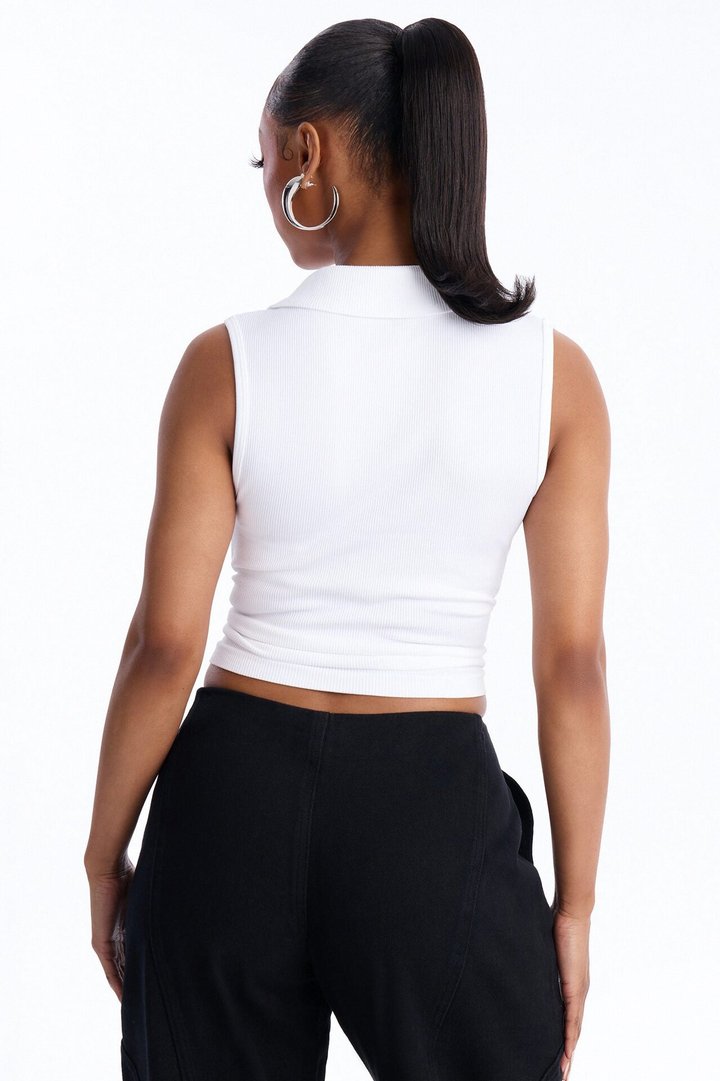 Lyra Seamless Rib Basic Sleeveless Collared Top - White