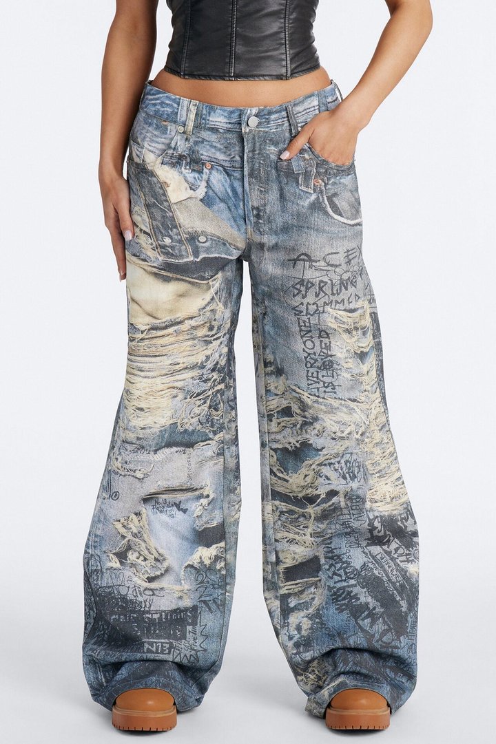 Rebel Rules Low Rise Distressed Denim Print Pant 33″ - Blue/combo