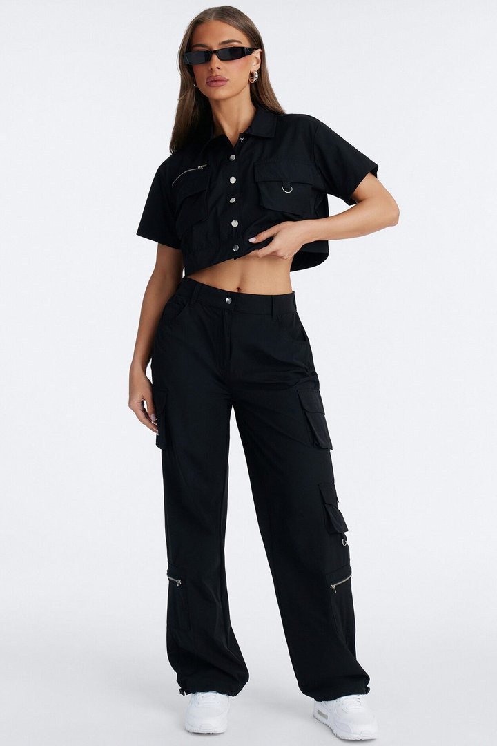 Nessa Nylon Cargo Pant Set - Black