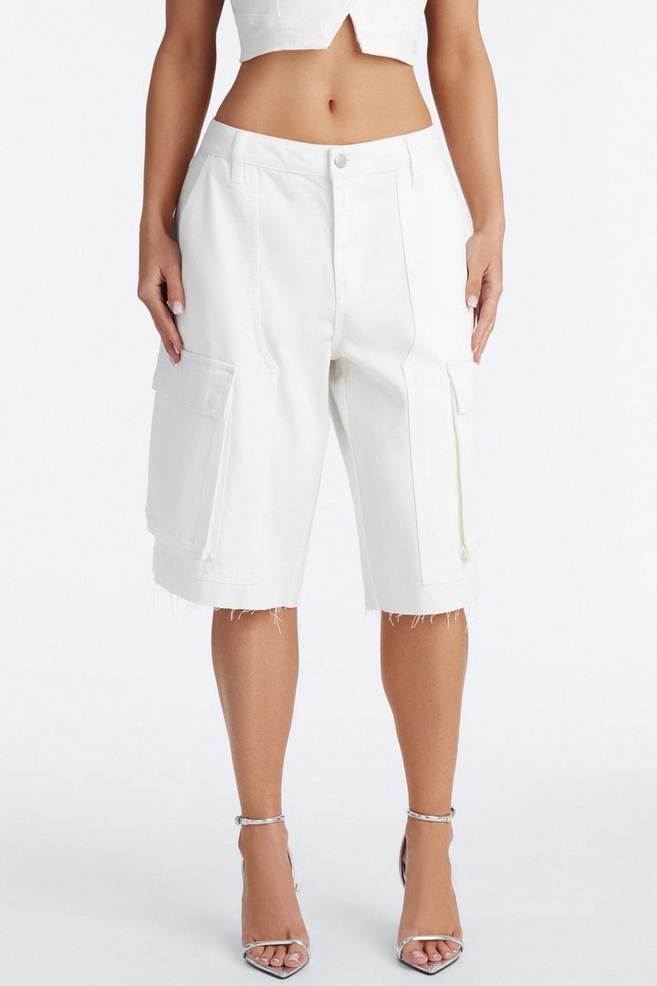 Lillia Frayed Hem Cargo Bermuda Short - White