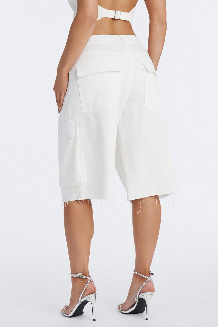 Lillia Frayed Hem Cargo Bermuda Short - White