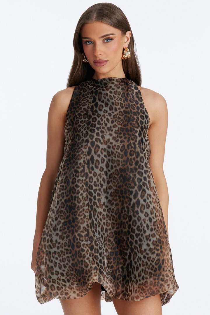 Maribel Lace Up Chiffon Mini Dress - Leopard