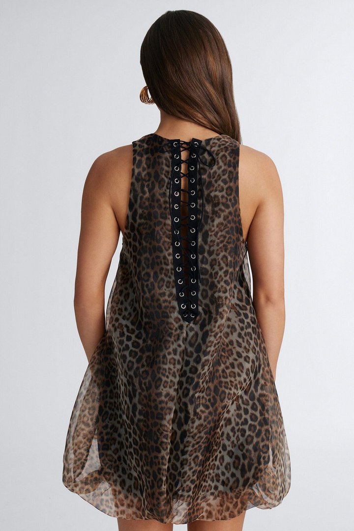 Maribel Lace Up Chiffon Mini Dress - Leopard