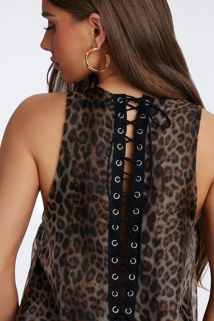 Maribel Lace Up Chiffon Mini Dress - Leopard