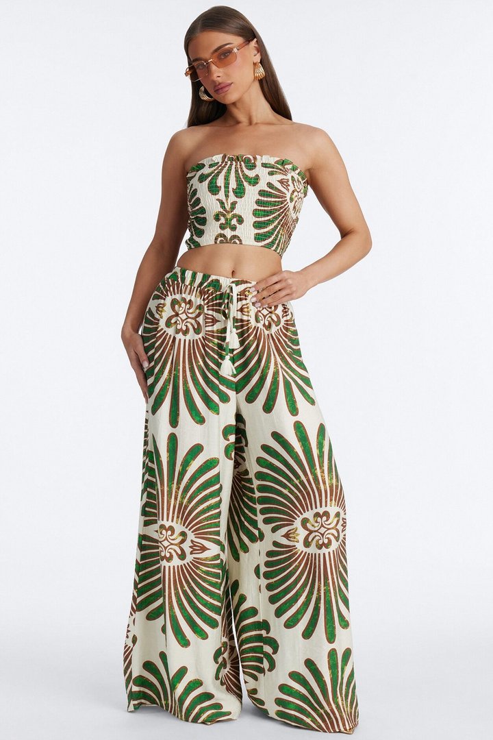Jenna Printed Linen Pant Set - Green/combo