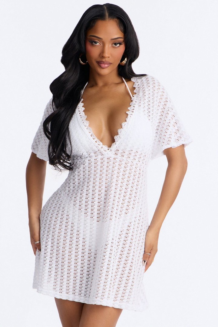 Palm Tree Shade Swim Cover Up Mini Dress - White
