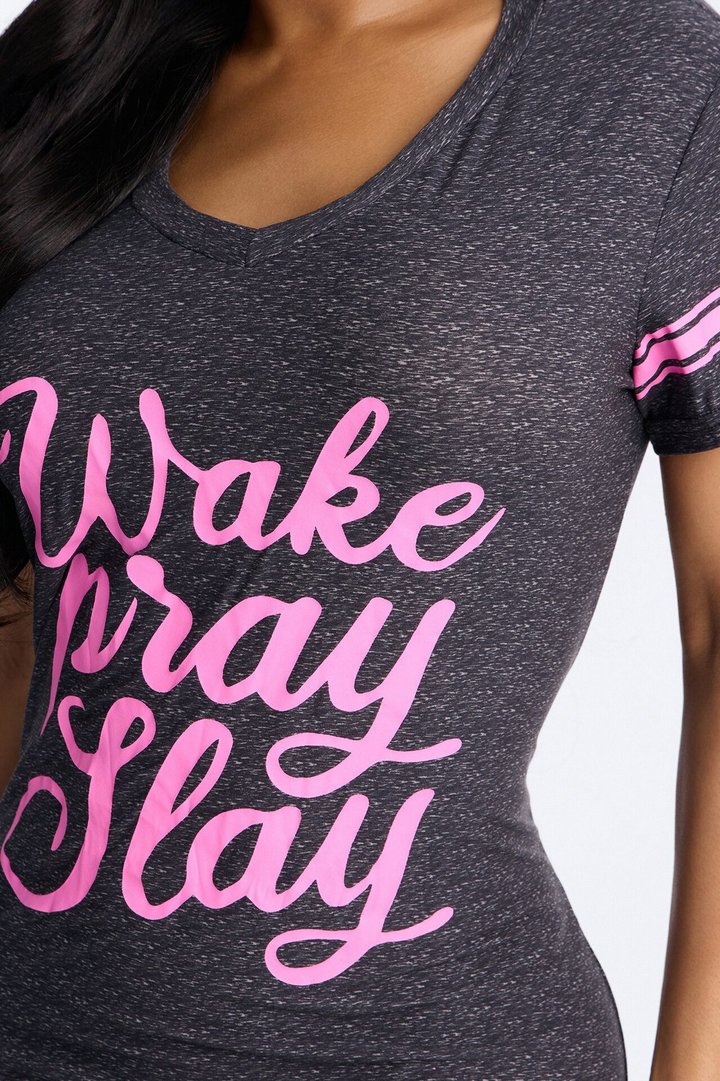 Wake Pray Slay Short Sleeve PJ Sleep Shirt - Charcoal