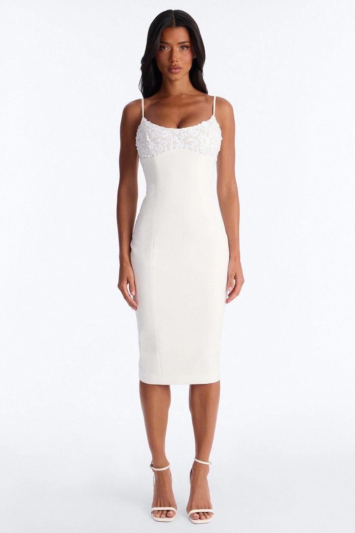 Enchanted Embellished Crepe Midi Dress - White