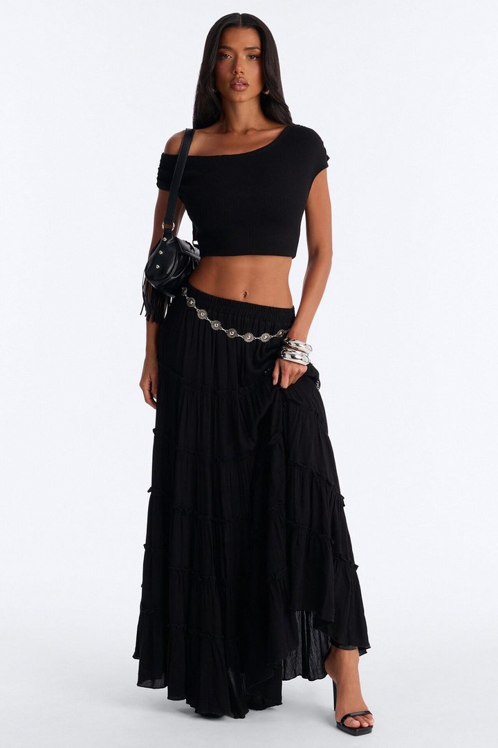 Free Spirit Low Rise Belted Tiered Maxi Skirt - Black