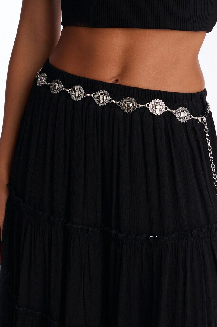 Free Spirit Low Rise Belted Tiered Maxi Skirt - Black
