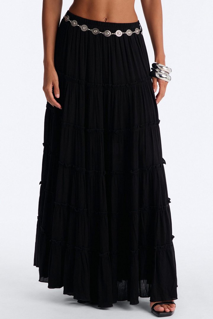Free Spirit Low Rise Belted Tiered Maxi Skirt - Black