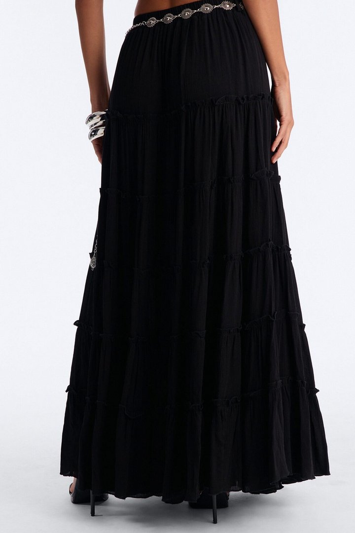 Free Spirit Low Rise Belted Tiered Maxi Skirt - Black