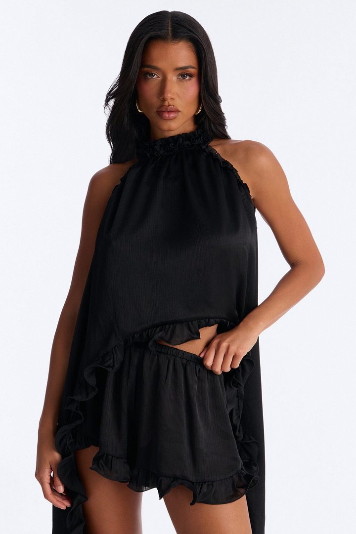 Ariella Ruffle Satin Short Set - Black