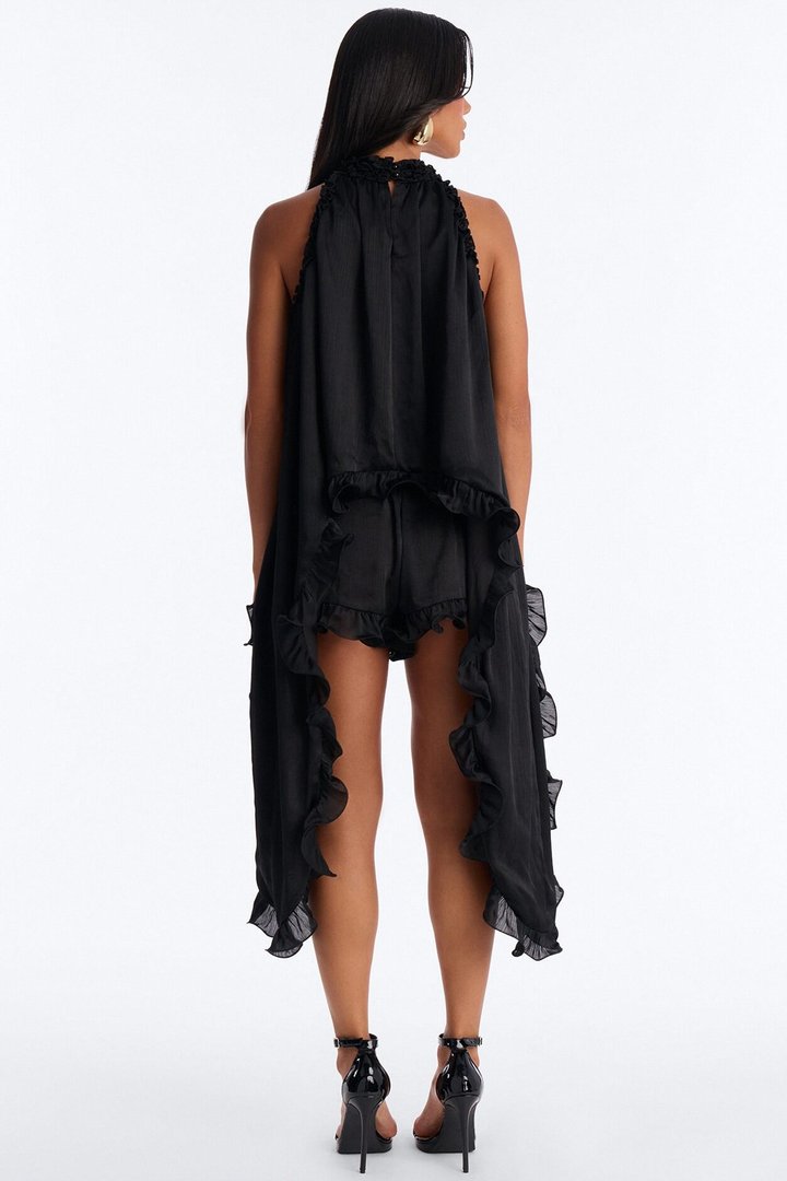 Ariella Ruffle Satin Short Set - Black