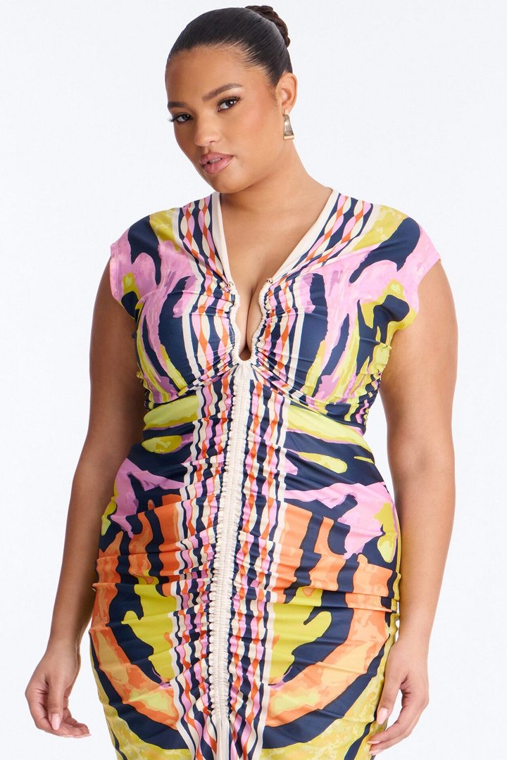 Amira Printed Ruched Midi Dress - Black/combo