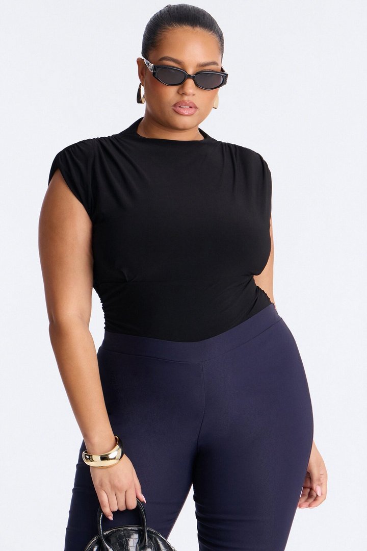 Get Serious Ruched Shoulder Pad Bodysuit - Black