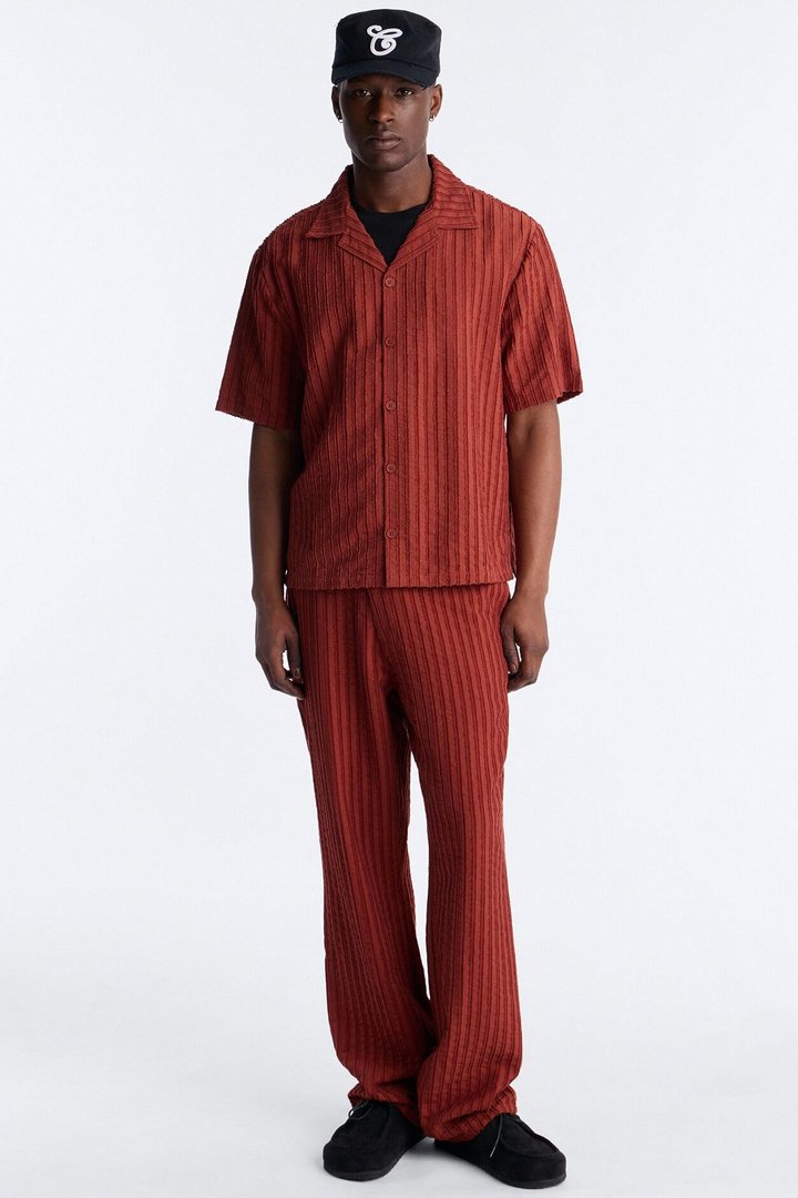 Relaxed Aegean Pleat Cuban Collar Button Up - Rust