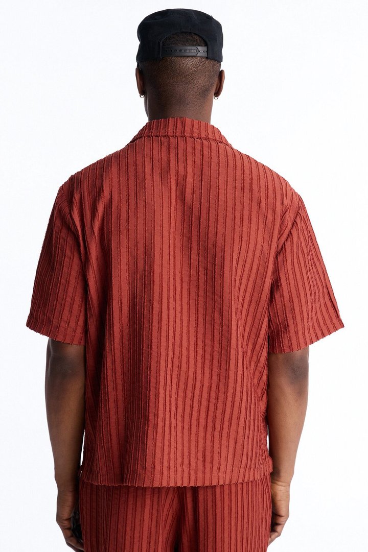 Relaxed Aegean Pleat Cuban Collar Button Up - Rust