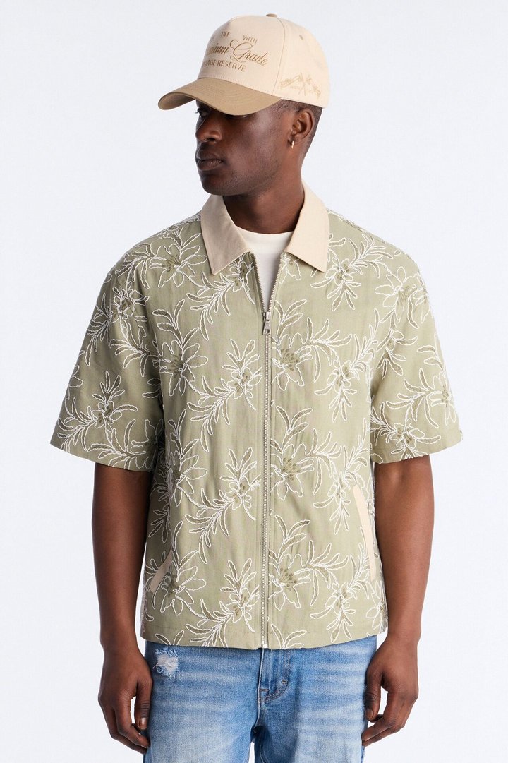 Relaxed Island Riot Embroidered Zip Shirt - Olive