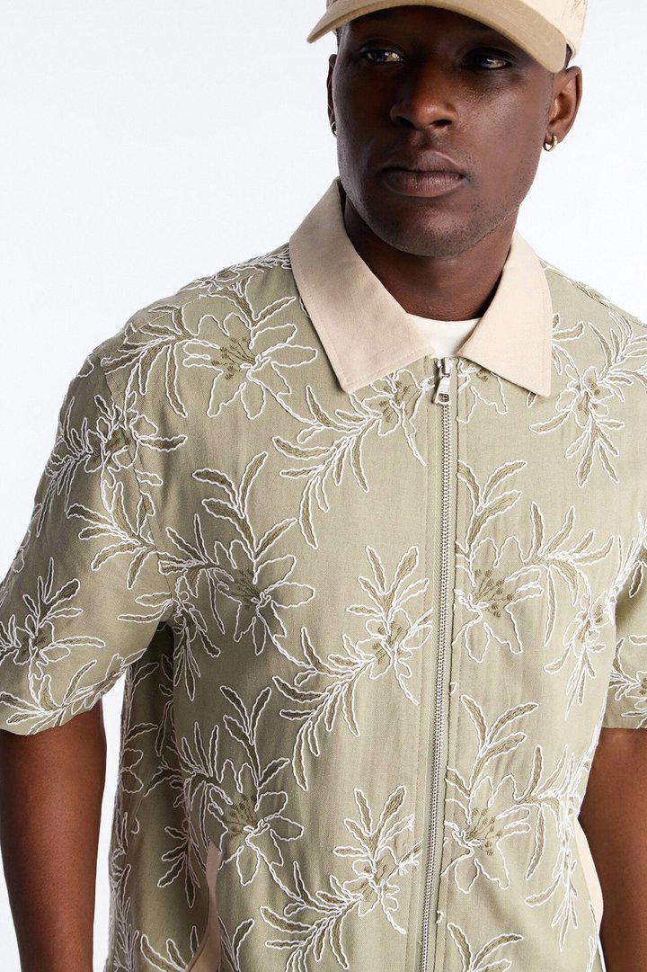 Relaxed Island Riot Embroidered Zip Shirt - Olive