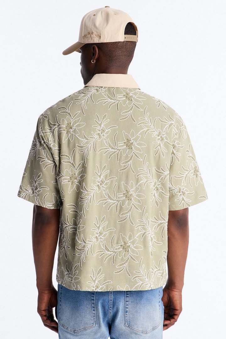 Relaxed Island Riot Embroidered Zip Shirt - Olive