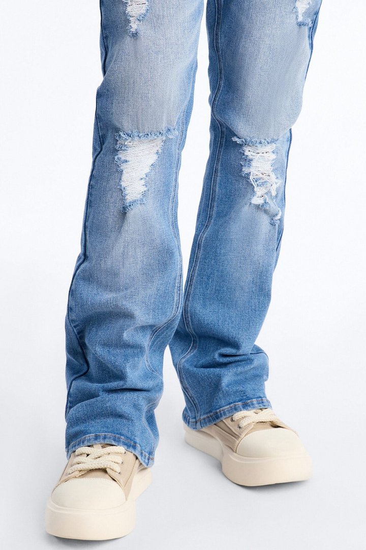 Essential Destroyed Stacked Skinny Flare Stretch Jean - Medium Blue Wash