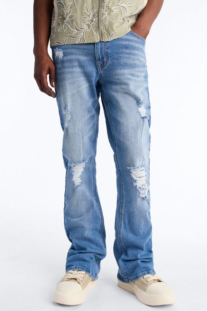Essential Destroyed Stacked Skinny Flare Stretch Jean - Medium Blue Wash