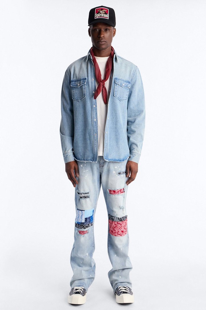 Stacked Skinny Flare Paisley Jungle Jean - Medium Blue Wash