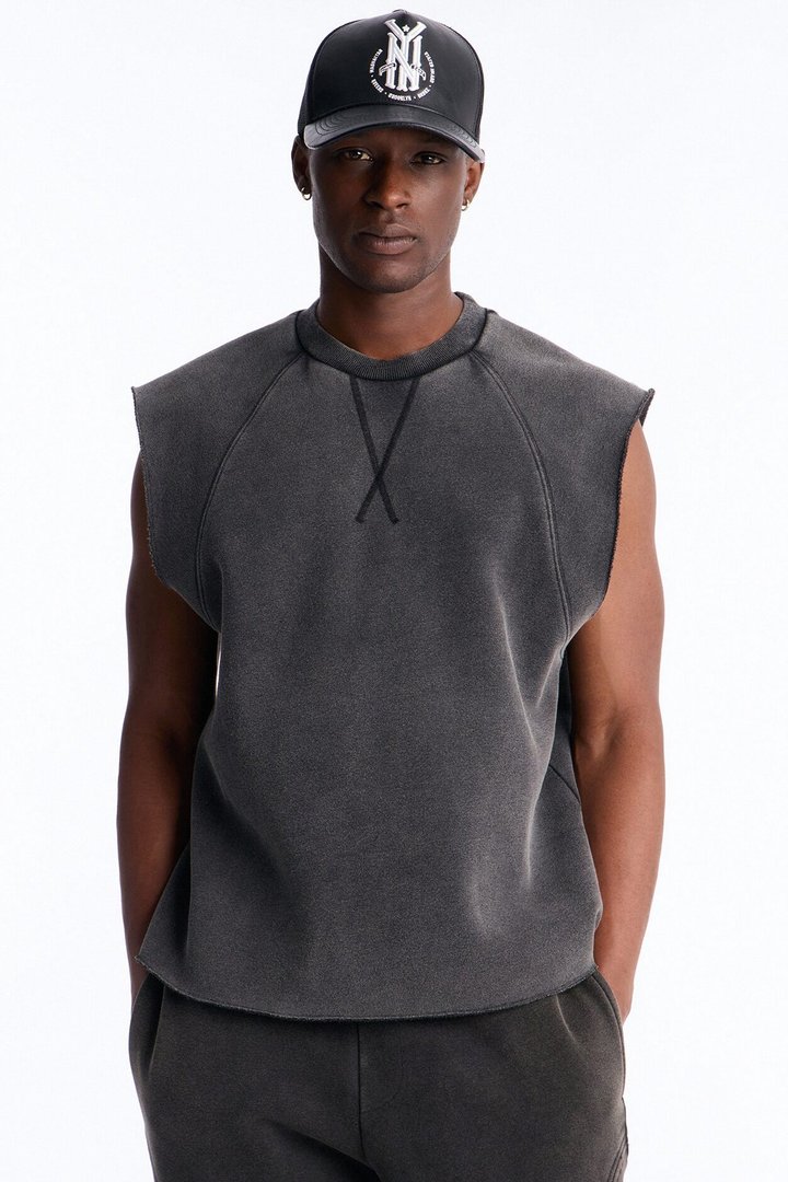 Washed Raw Edge Relaxed Muscle Tee - Black Wash