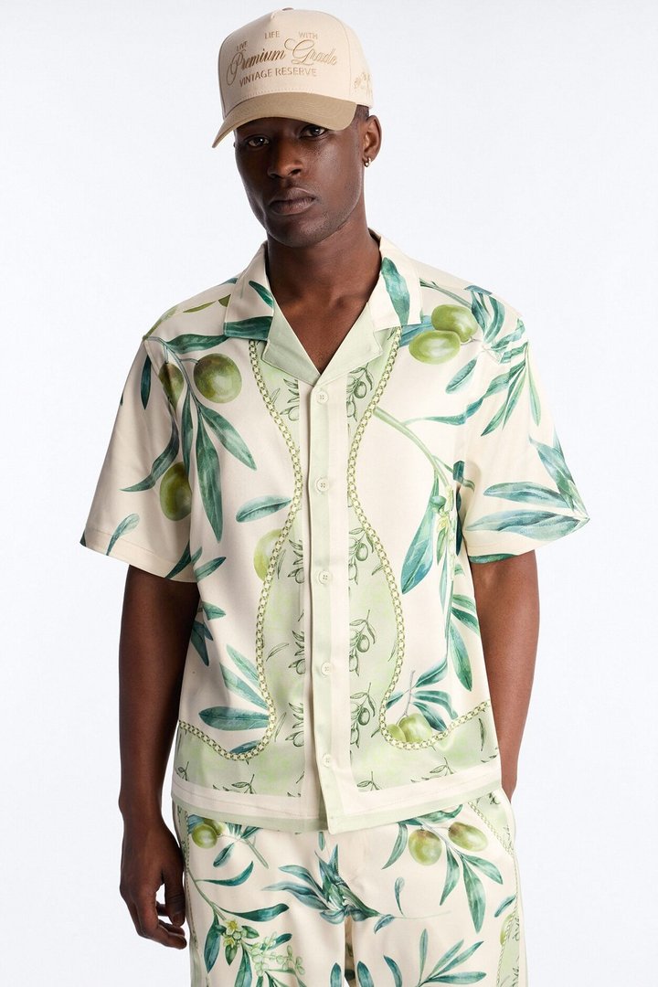 Relaxed Mediterranean Orchard Cuban Button Up Shirt - Green