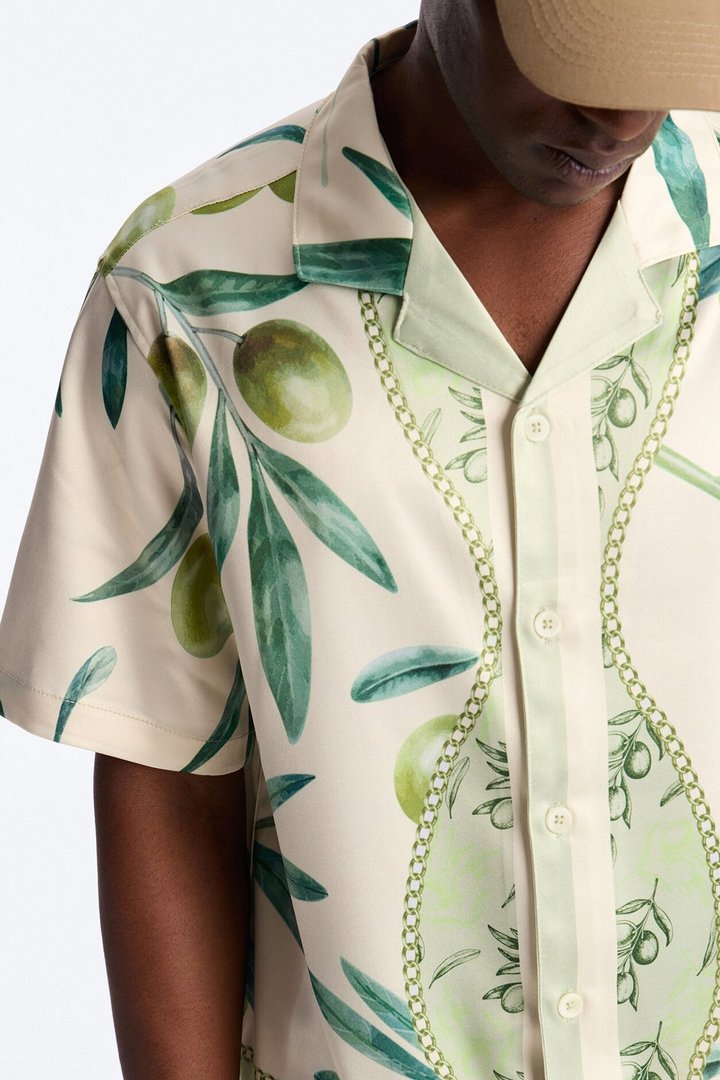 Relaxed Mediterranean Orchard Cuban Button Up Shirt - Green