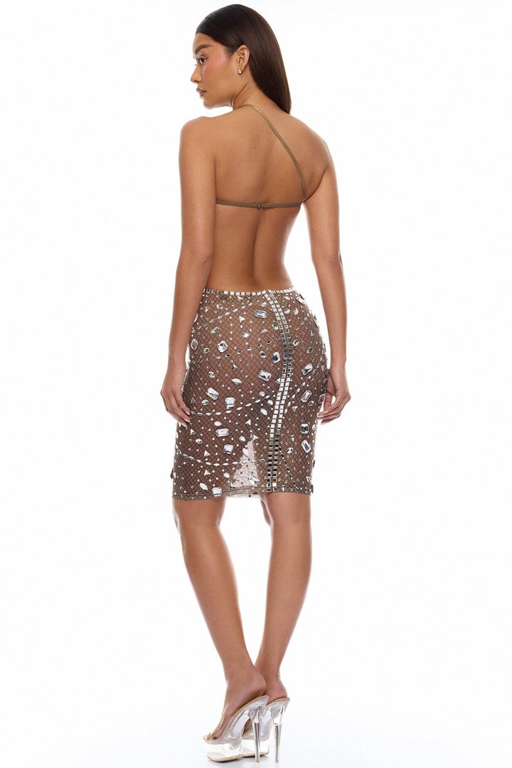 Maria Rhinestone Midi Dress - Nude/combo