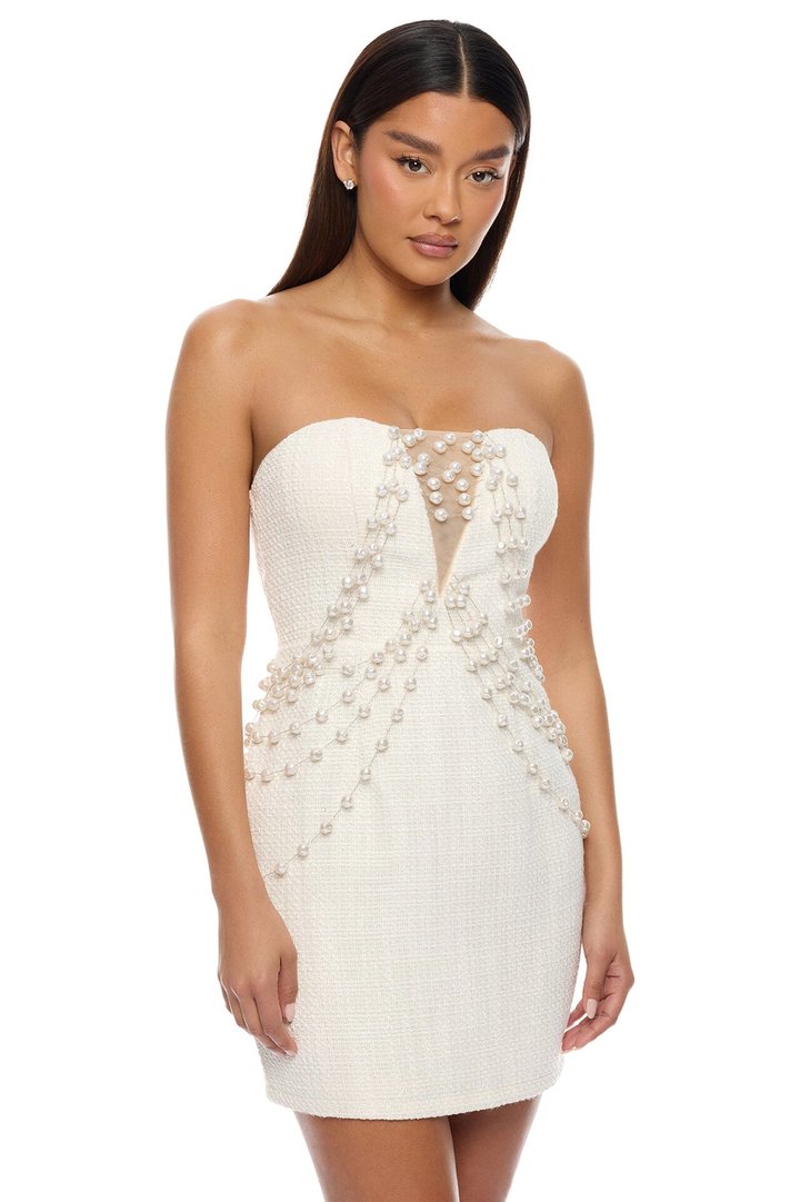 Champagne Chic Draped Pearl Mini Dress - Cream