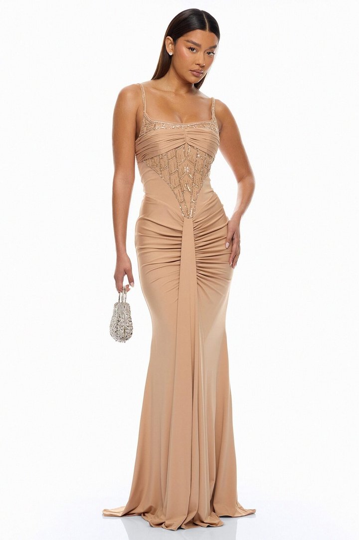 Party All Night Embellished Maxi Dress - Nude