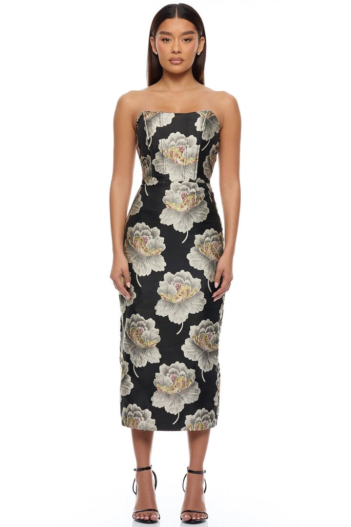 Fiora Strapless Jacquard Midi Dress - Black/combo