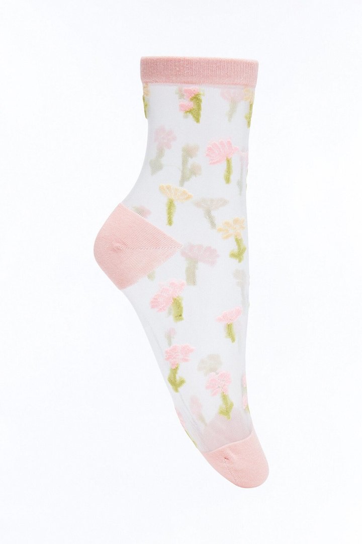 Pink Flowers Sheer Crew Socks - Pink/combo