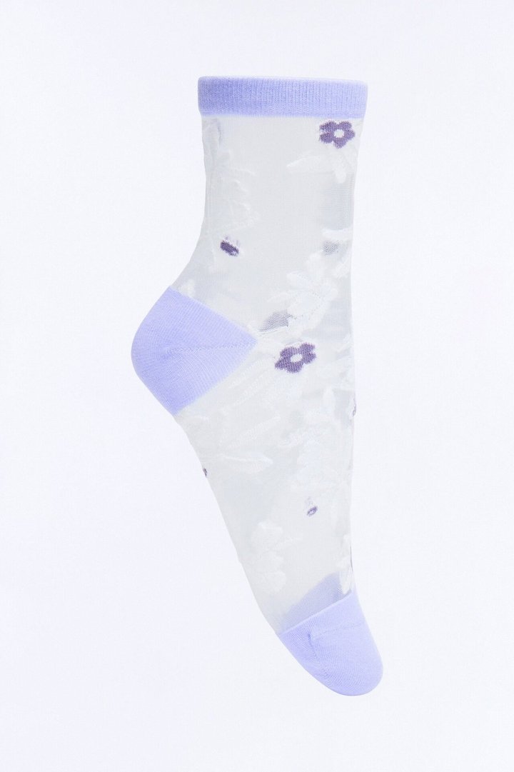 White Flowers Sheer Crew Socks - Purple/combo