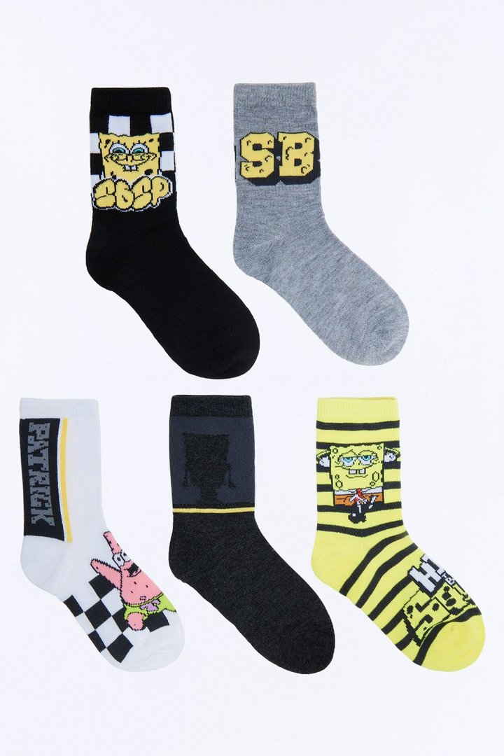 Mini Spongebob And Patrick 5 Pack Crew Socks - Grey/combo