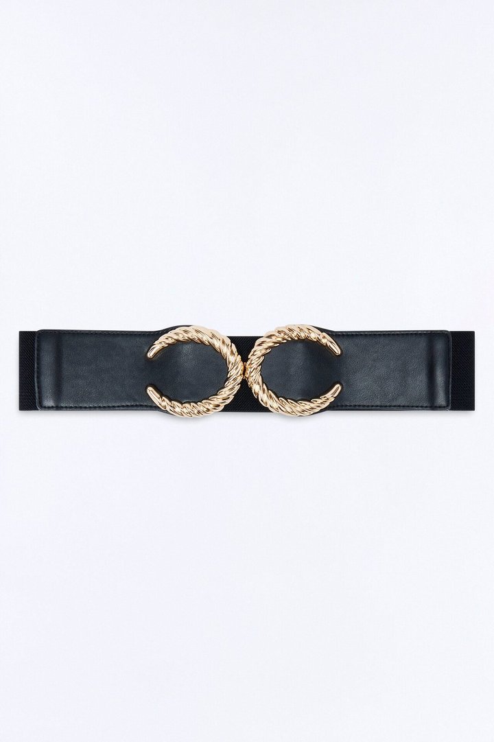Two Moons Faux Leather Wide Stretch Belt - Black