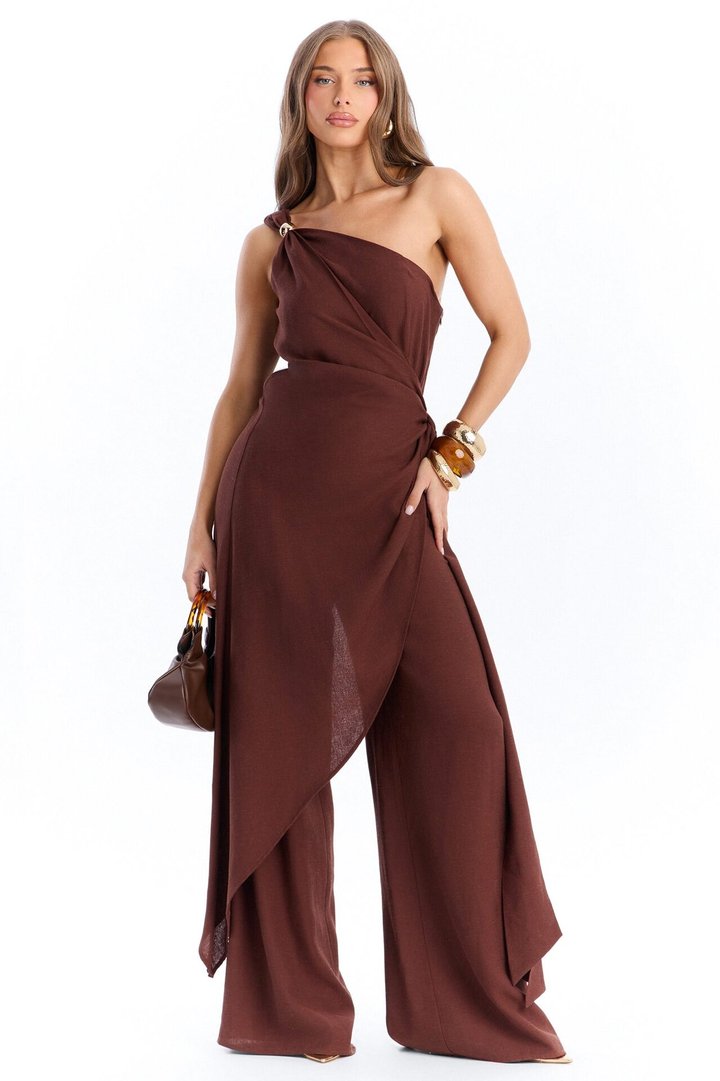 Zena Off Shoulder Draped Jumpsuit - Chocolate