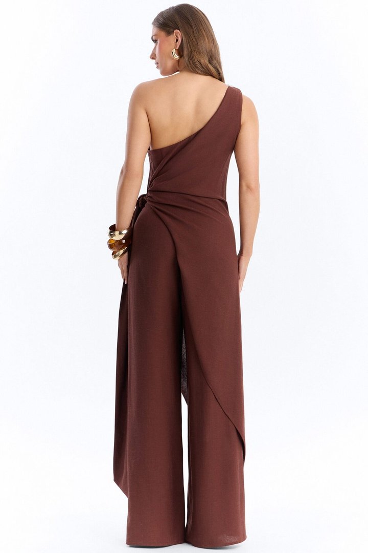 Zena Off Shoulder Draped Jumpsuit - Chocolate