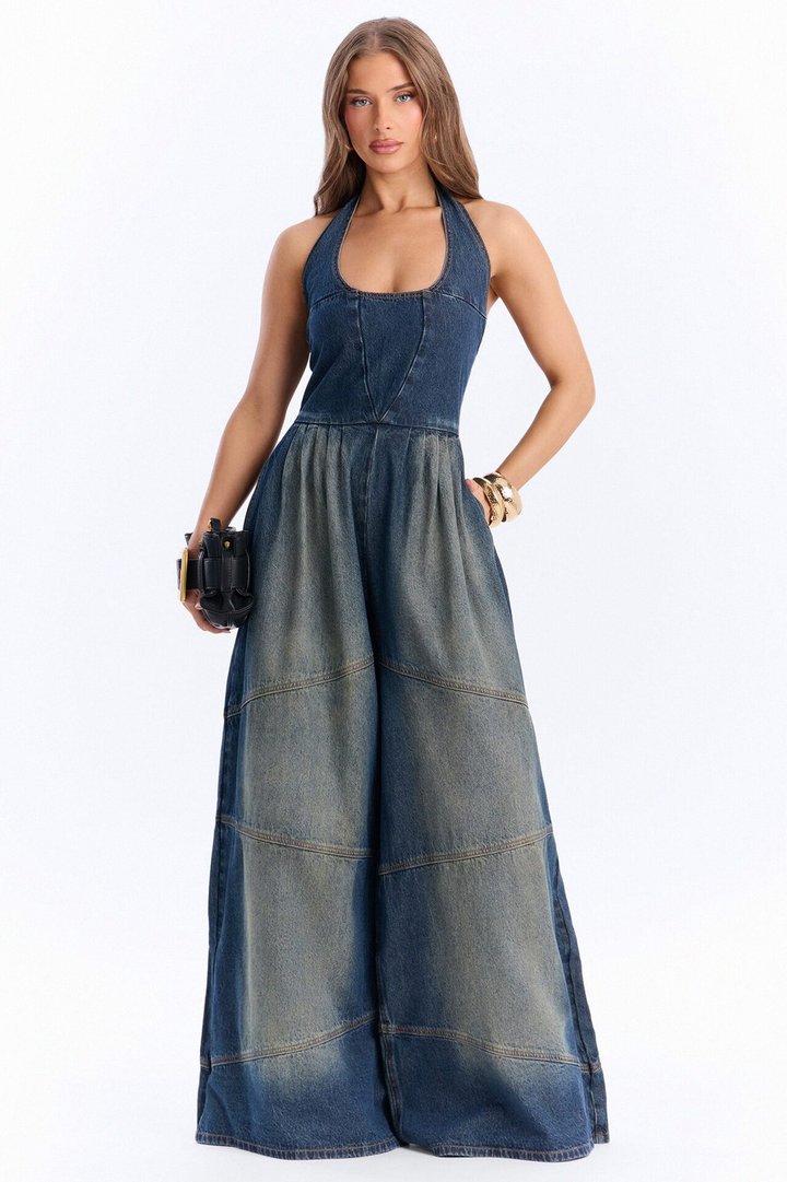 Bella Extreme Wide Leg Washed Denim Jumpsuit - Dark Wash