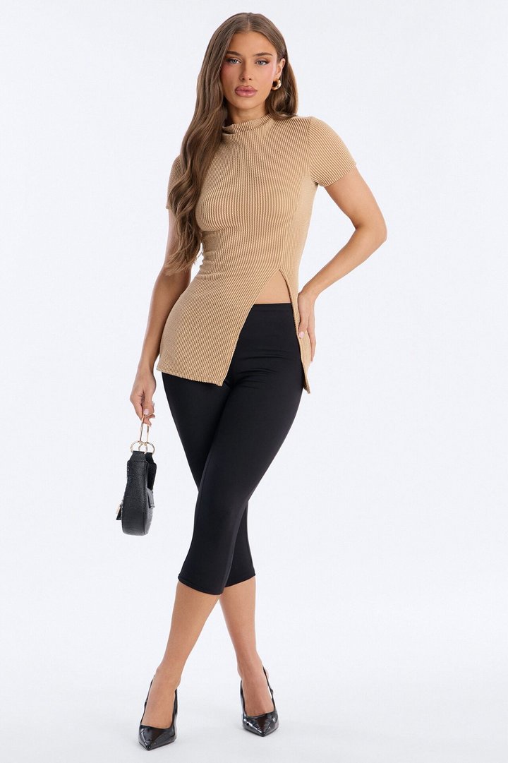 Ika Mock Neck Heavy Ribbed Short Sleeve Top - Mocha