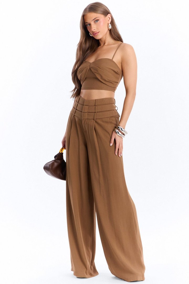 Monica Linen Layered Trouser Set - Brown