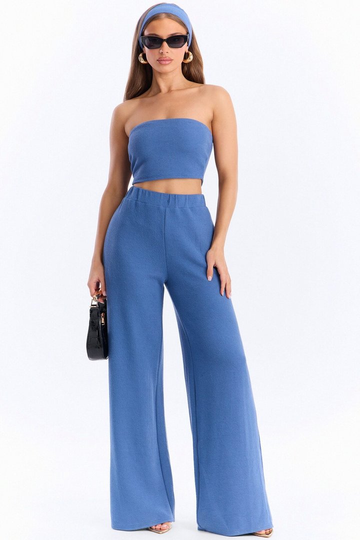 Juliette Textured 3 Piece Pant Set - Blue